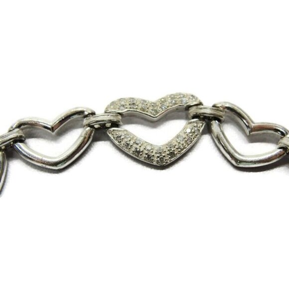 Heart Links Bracelet 8" Simulated Cubic Zirconia 925 Sterling Silver Vintage - Picture 2 of 8